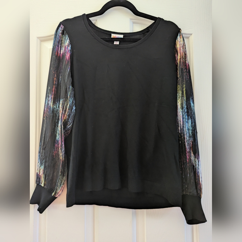 LuLaRoe Penny Black Top with Colorful Sheer Sleeves